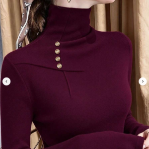 Chic Button Shoulder Fleece Turtleneck Top Winter Warm Blouse
