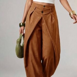 Zivah Style Asymmetric Wrap Button Balloon Pants - High Waisted Pleated Wide Leg Harem Trousers
