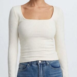 DAZY Thermal Square Neck Long Sleeve Top - Thermal Lined Slim Fit Winter Tee - Black & Beige